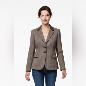 HYFVE Brown Herringbone Tweed Blazer with Suede Elbow Patches and Collar